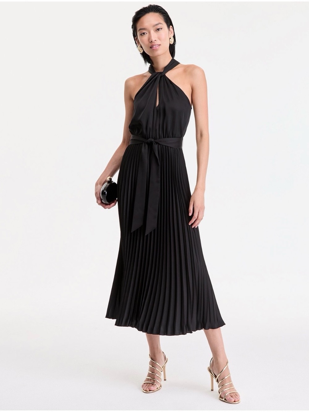 INC International Concepts Black Halter Pleated Midi Dress with Waist Tie